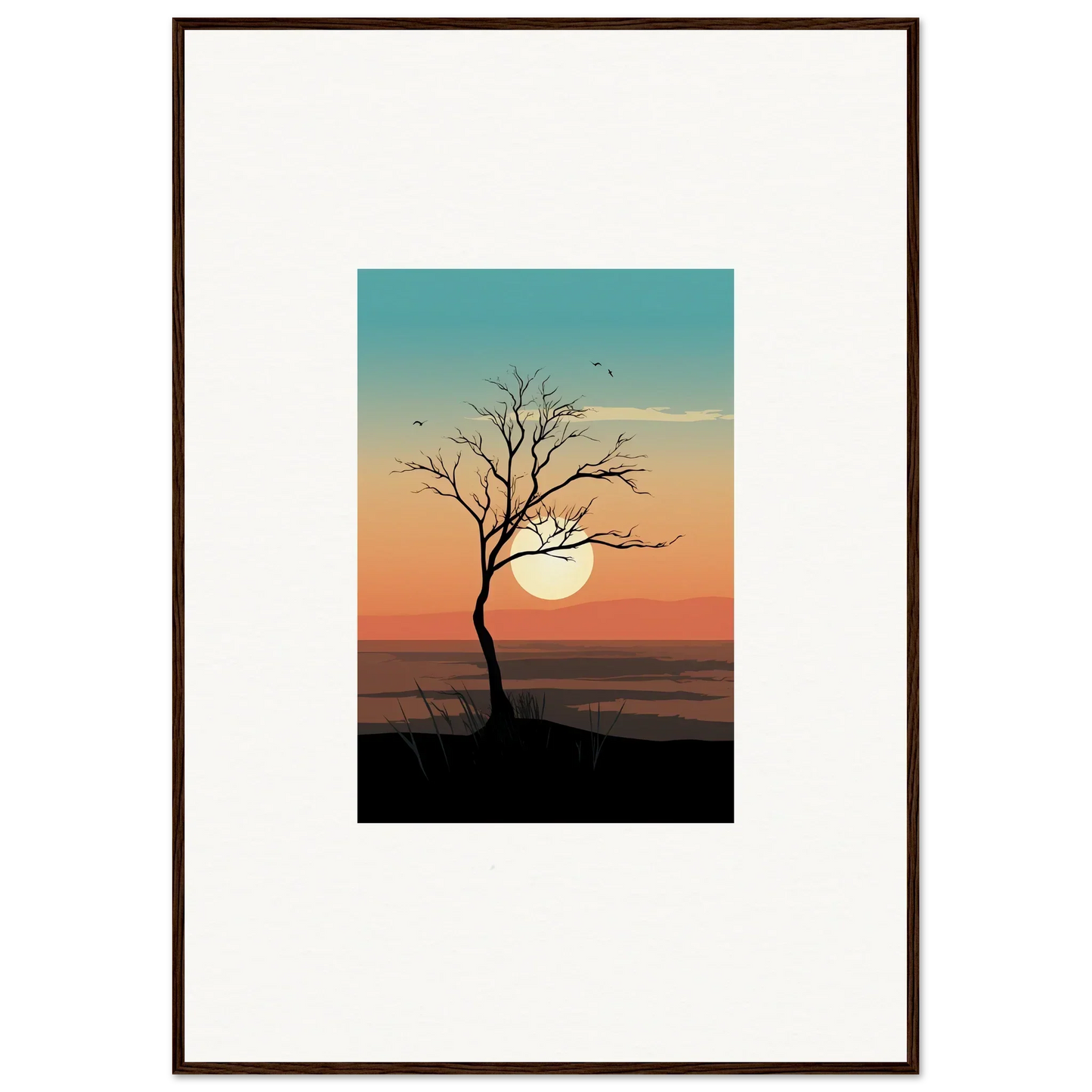 Framed canvas print of a whispers tree silhouette at sunset for stunning room decoration