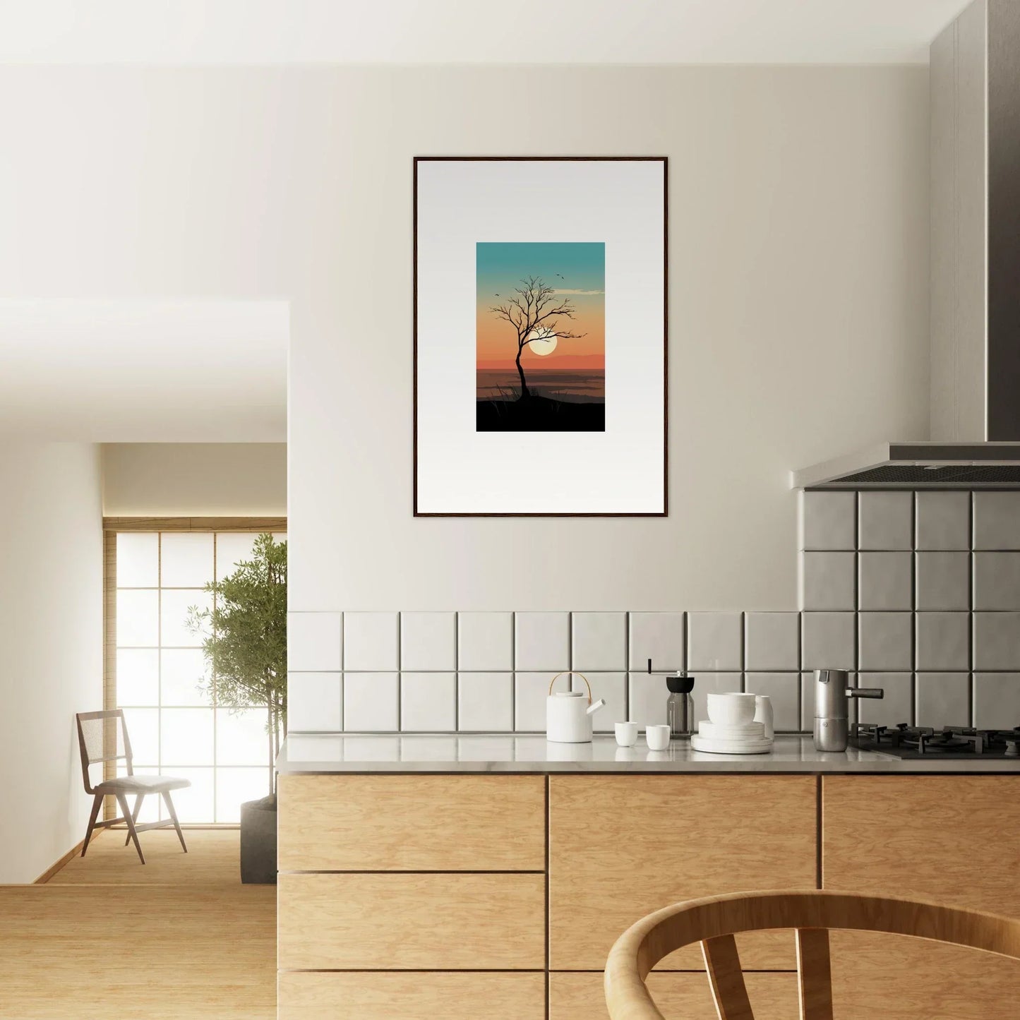 Framed canvas print of a Whispers Tree silhouetted against a vibrant sunset for room decoration