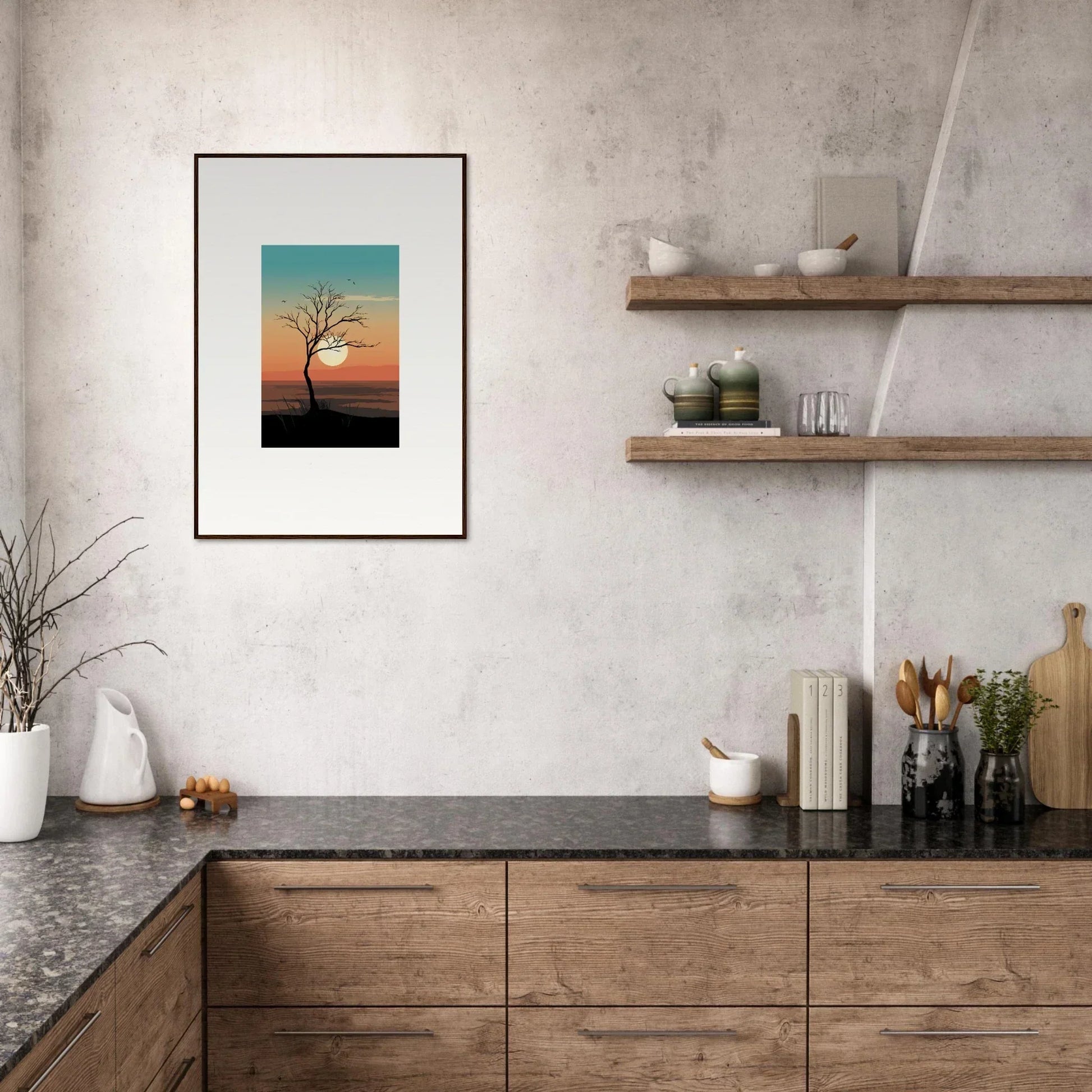 Framed canvas print of a Whispers Tree silhouette against a vibrant sunset for room decoration