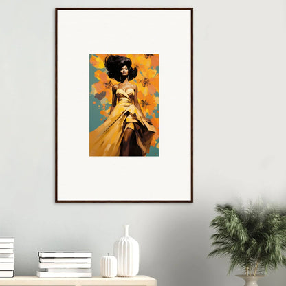 Framed ’Sunset Radiance Muse’ art with a figure in a gold dress on a colorful background