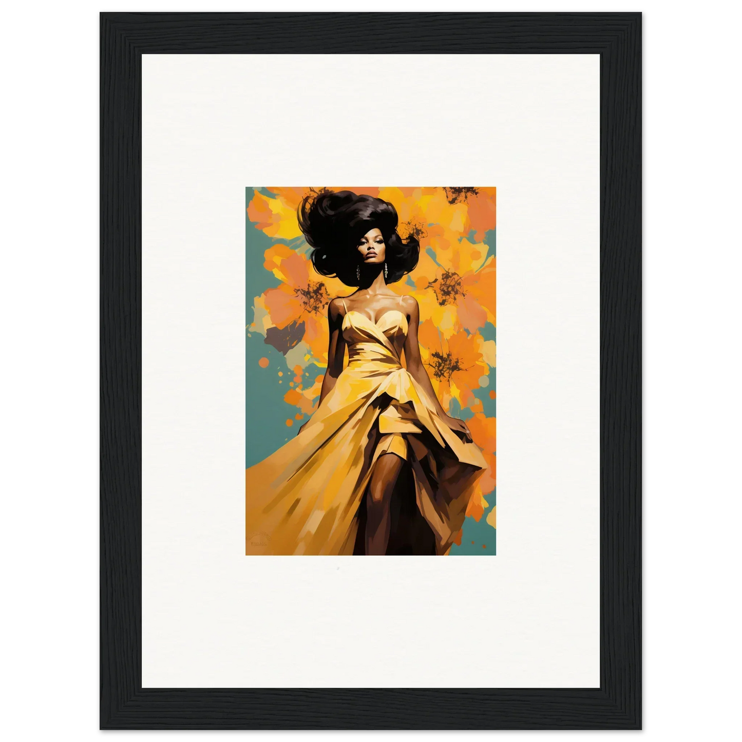 Framed artwork of a figure in a yellow dress from Sunset Radiance Muse with natural wood accents