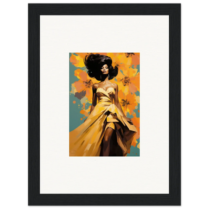 Framed artwork of a figure in a yellow dress from Sunset Radiance Muse with natural wood accents