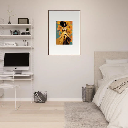 Framed Sunset Radiance Muse print in warm oranges and yellows on natural wood