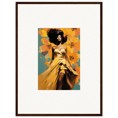 Framed Sunset Radiance Muse artwork of a figure in a golden dress with floral backdrop