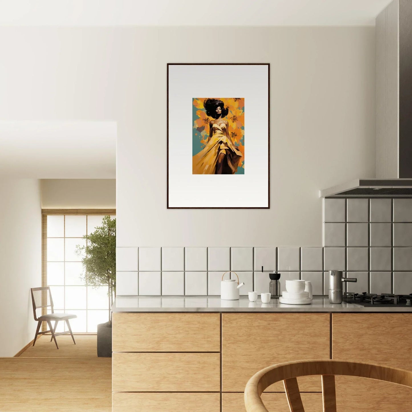 Framed artwork of Sunset Radiance Muse in yellow tones with a natural wood finish