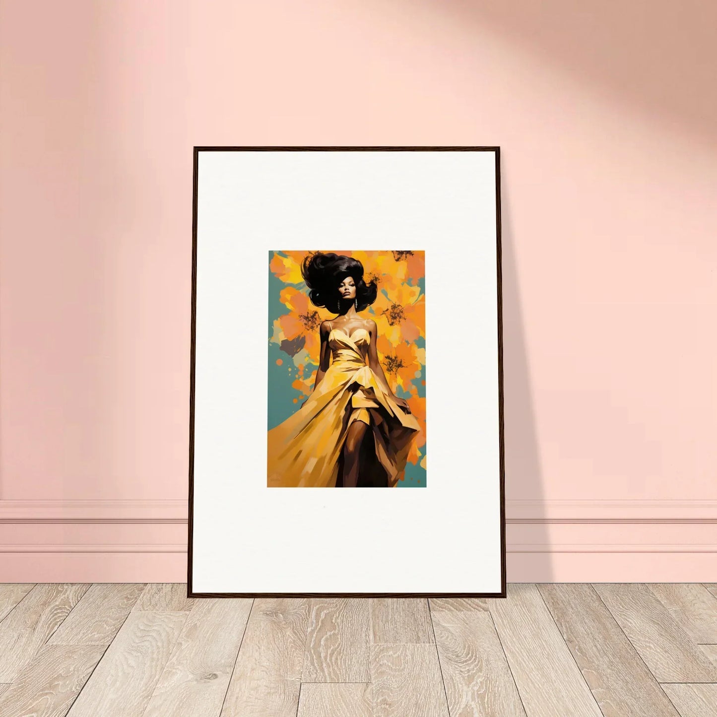 Framed artwork of a figure in a yellow dress with butterflies, Sunset Radiance Muse