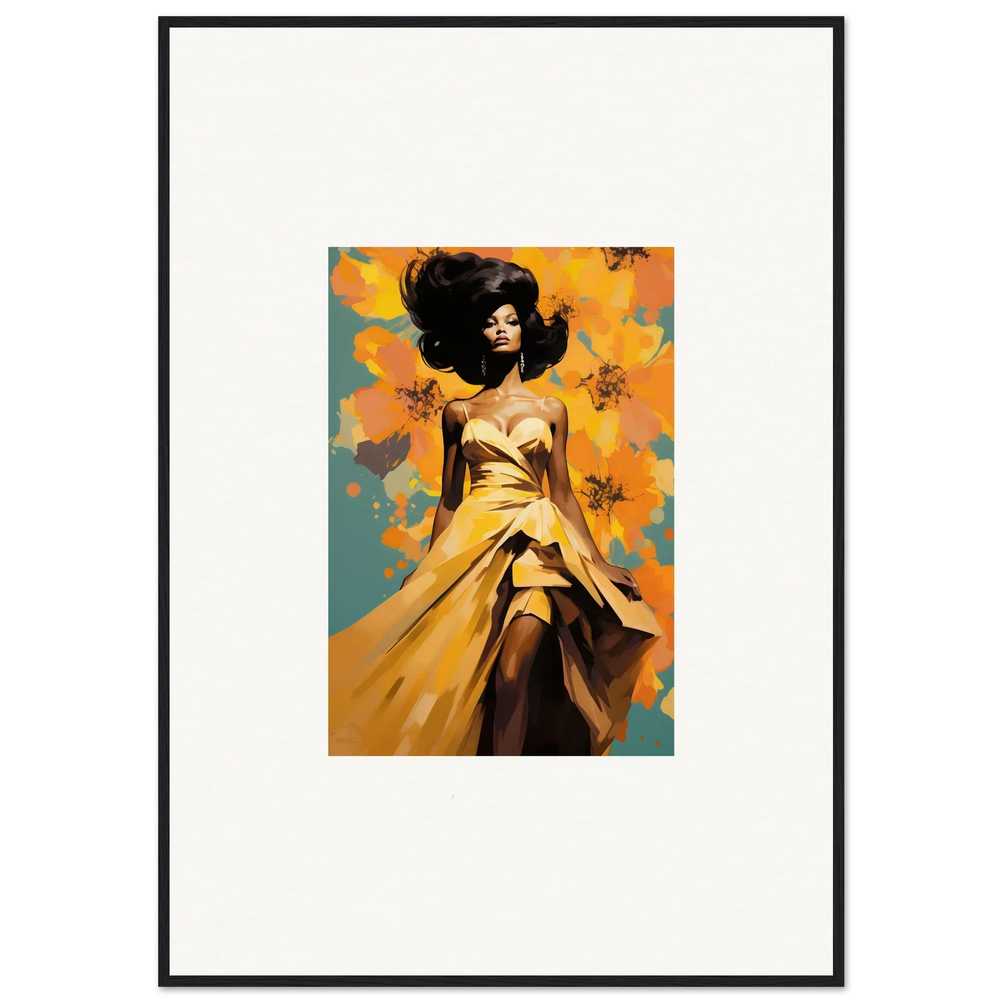 A figure in a yellow dress with dark hair in Sunset Radiance Muse against flowers