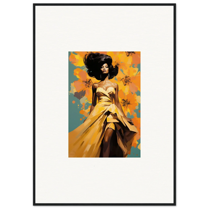 A figure in a yellow dress with dark hair in Sunset Radiance Muse against flowers