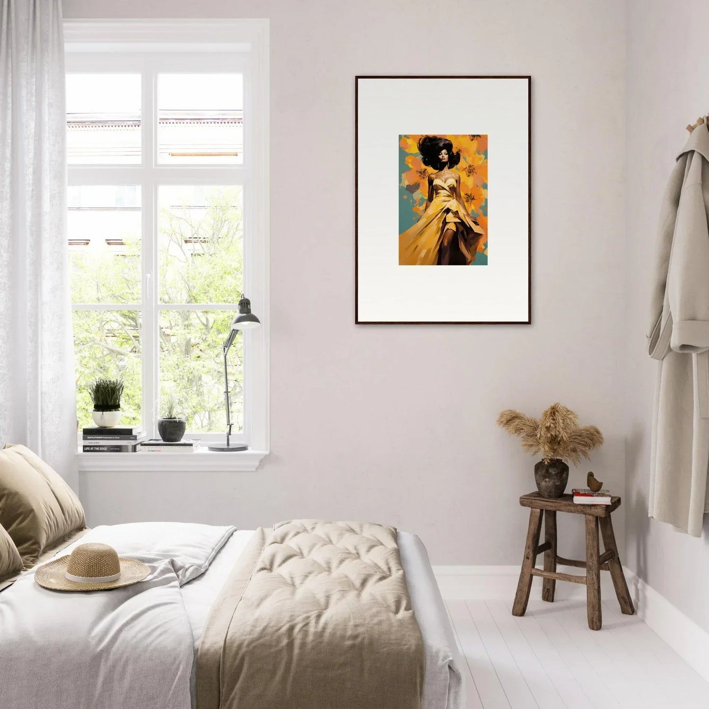 Minimalist bedroom showcasing Sunset Radiance Muse art print on a pale wall