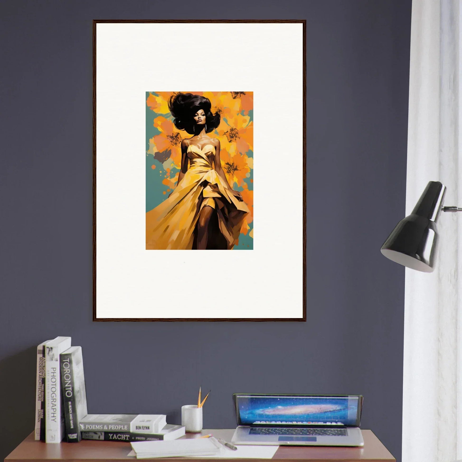 Framed Sunset Radiance Muse art with a figure in a gold dress and colorful butterflies