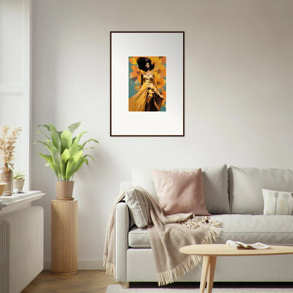 Framed art print showcasing Sunset Radiance Muse with a figure in yellow tones