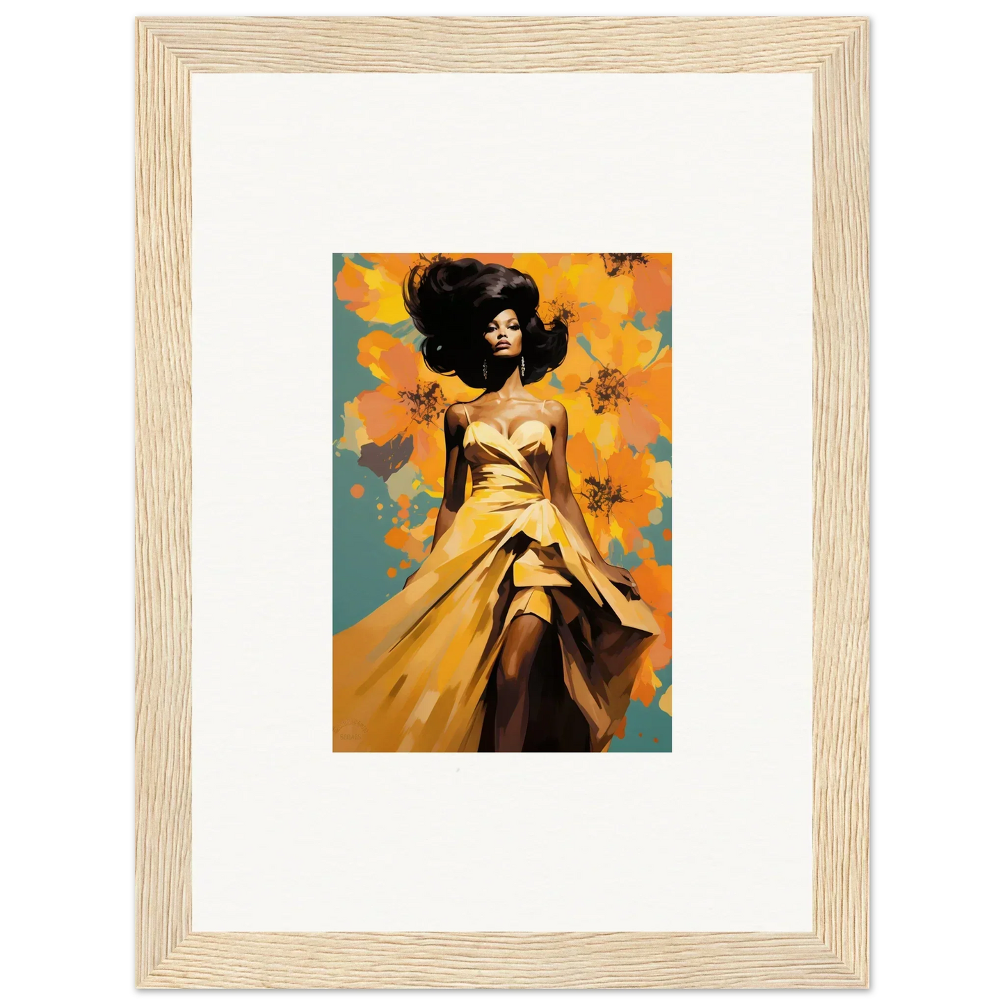 Framed Sunset Radiance Muse artwork of a figure in a golden dress with floral elements