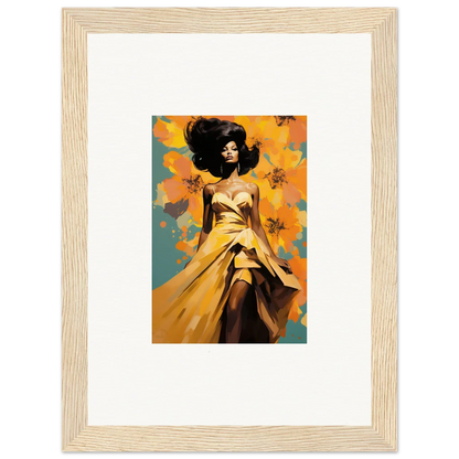 Framed Sunset Radiance Muse artwork of a figure in a golden dress with floral elements