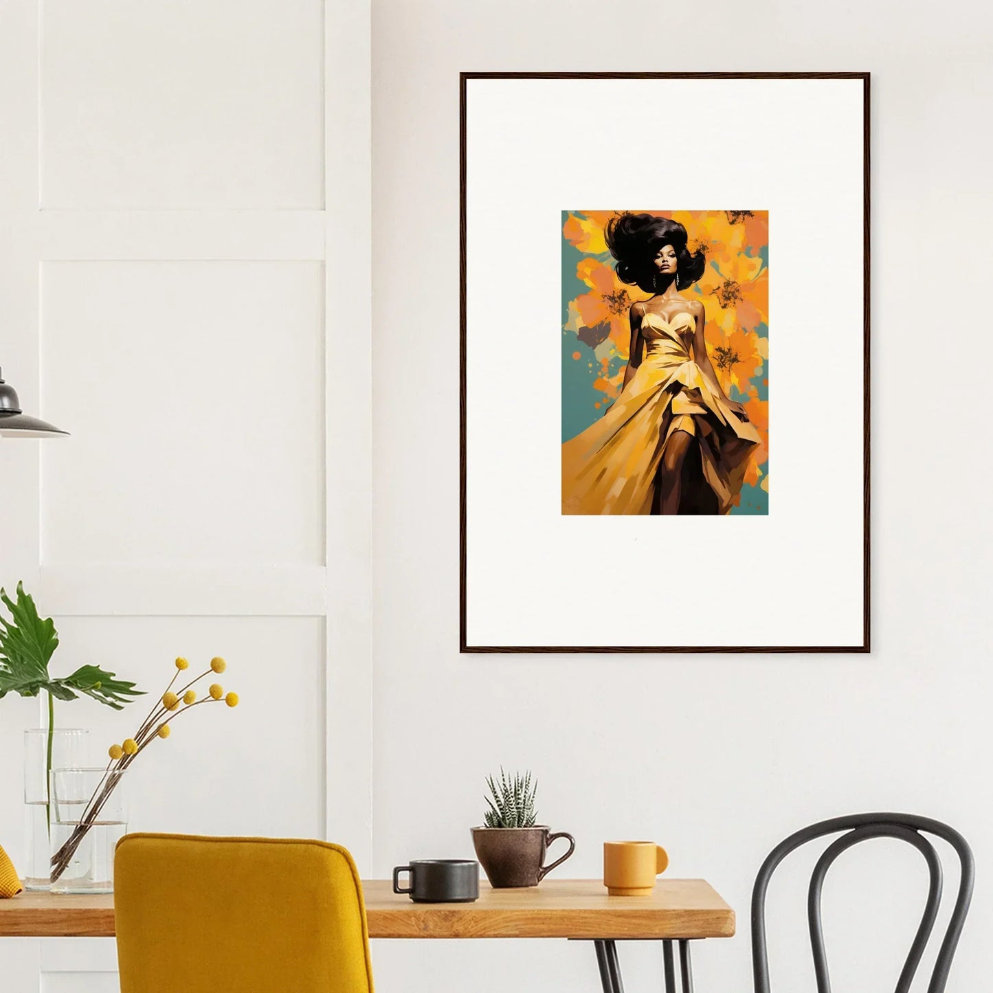 Framed art print of figure in yellow dress on orange and blue, Sunset Radiance Muse