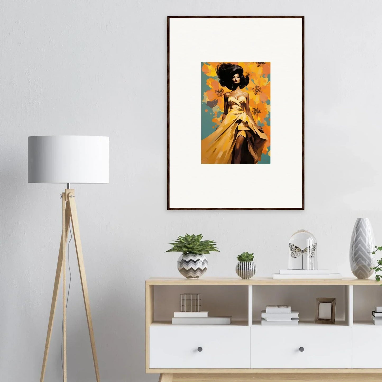 Framed Sunset Radiance Muse with a figure in a yellow dress in vibrant tones