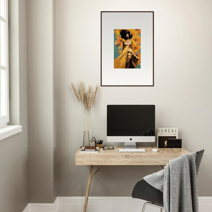 Minimalist home office with Sunset Radiance Muse art and a natural wood desk setup