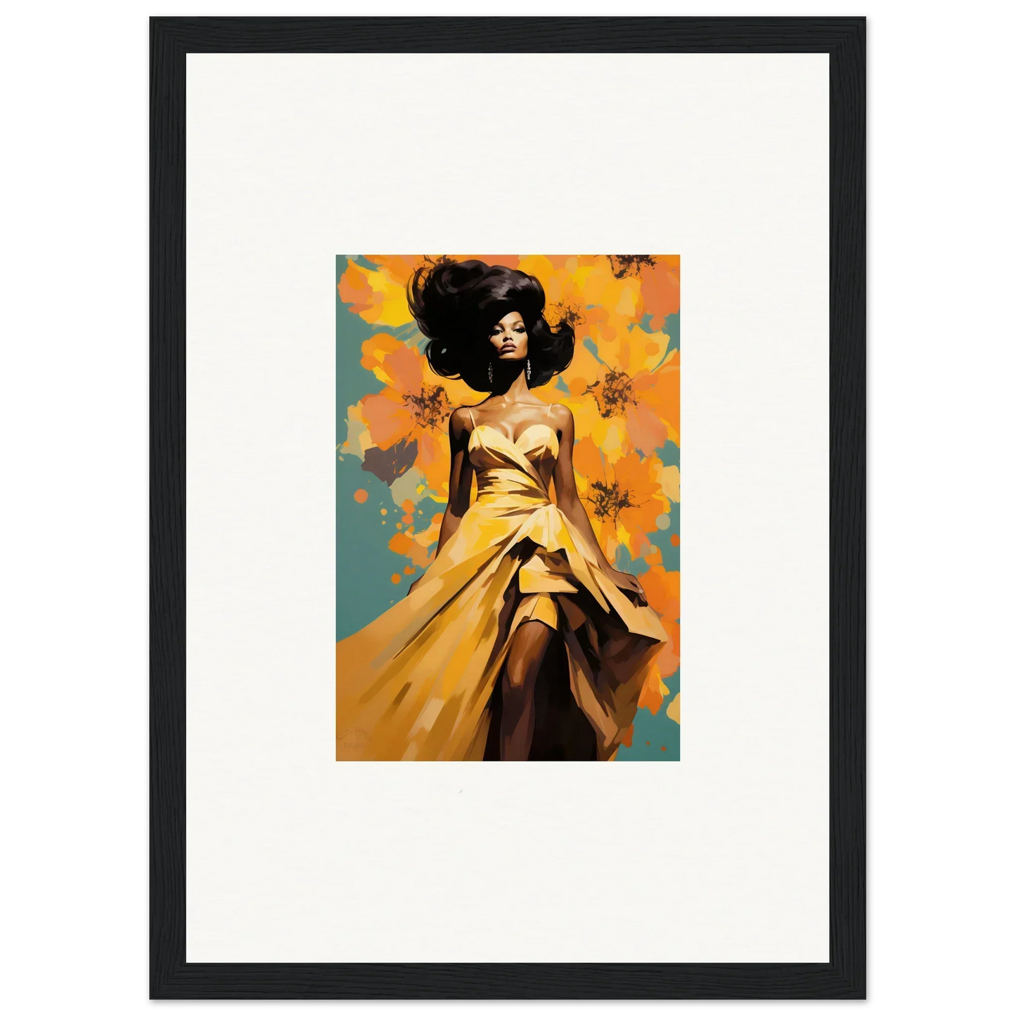 Stylized figure in a yellow dress, showcasing Sunset Radiance Muse in natural wood