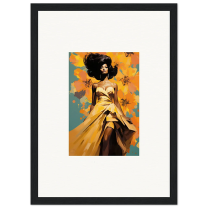 Stylized figure in a yellow dress, showcasing Sunset Radiance Muse in natural wood