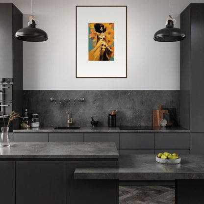 Modern dark gray kitchen featuring Sunset Radiance Muse and vibrant framed art