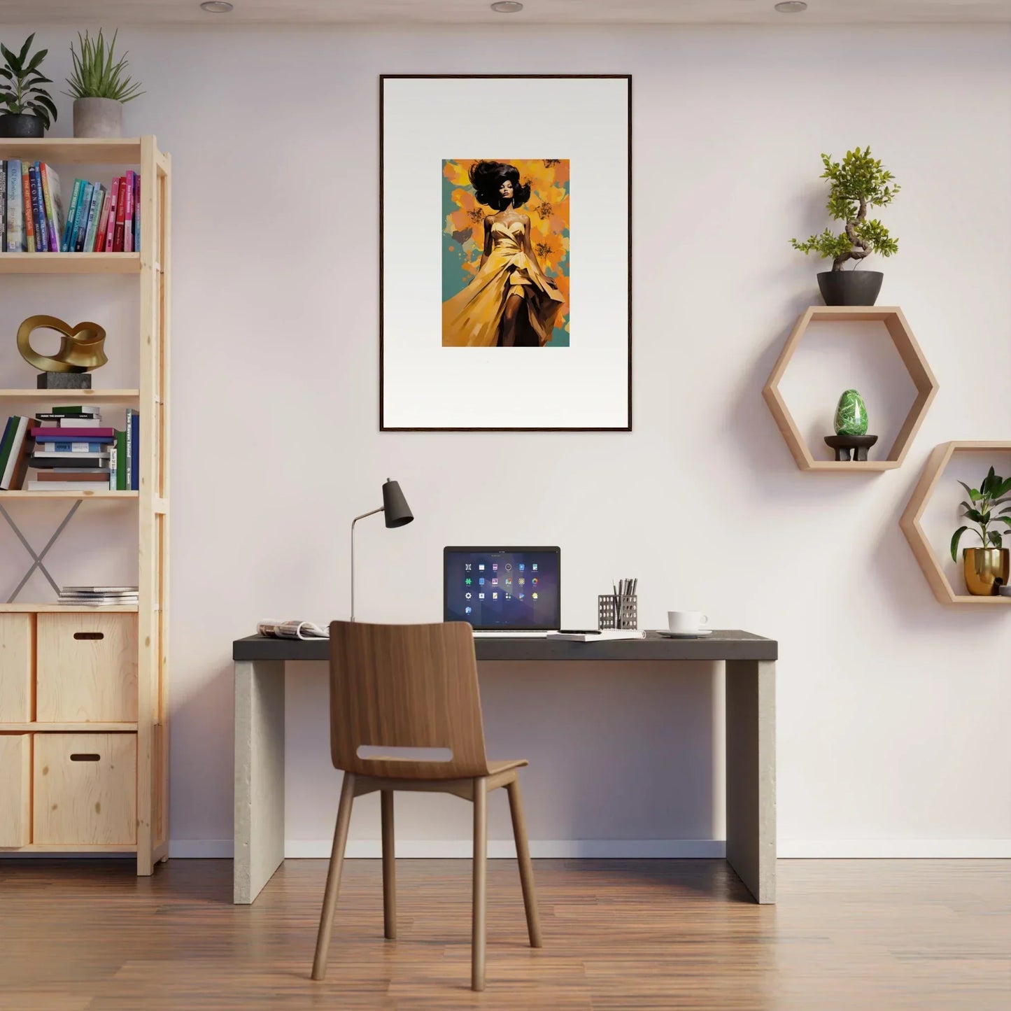 Modern home office with dark desk, wooden chair, and Sunset Radiance Muse shelves