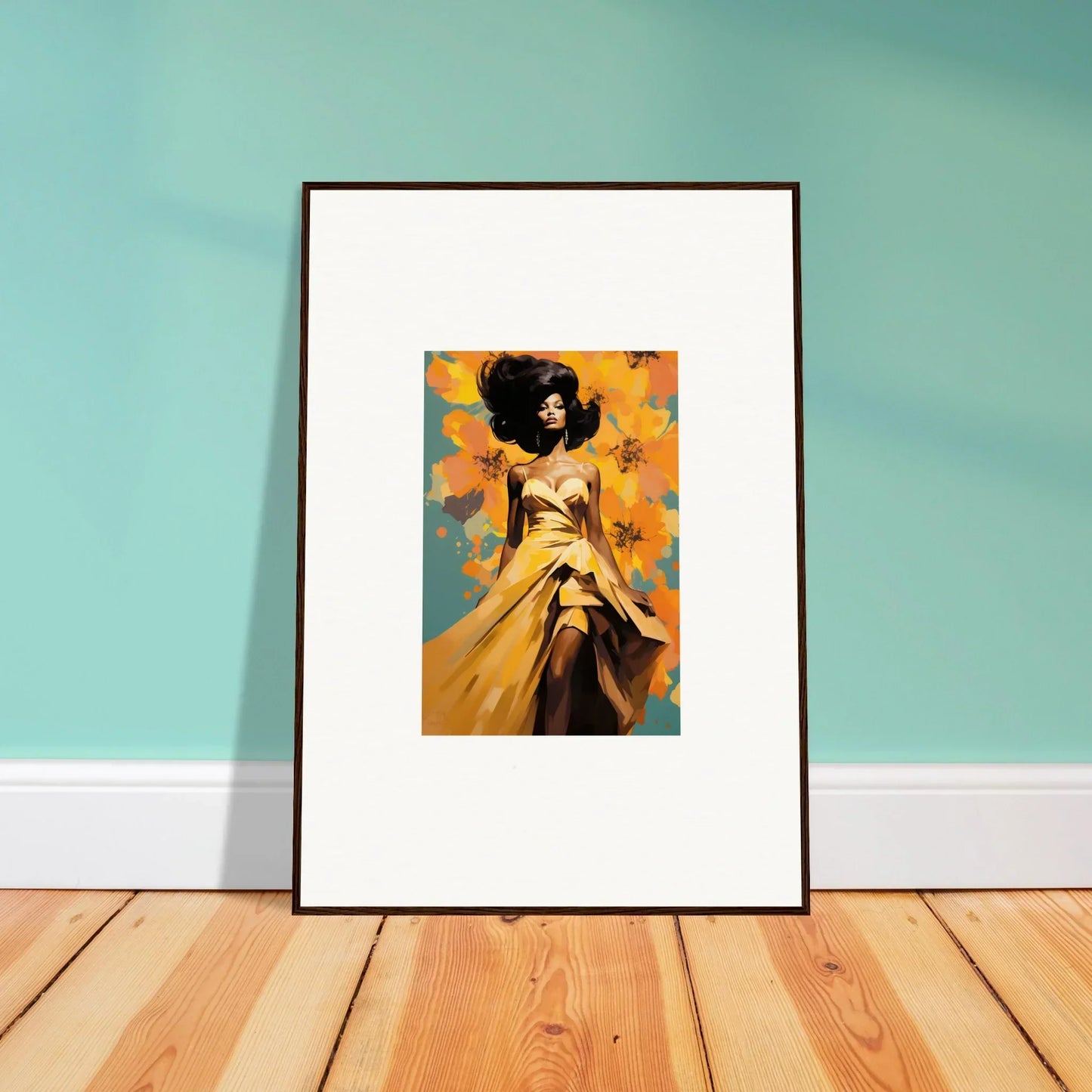 Framed Sunset Radiance Muse artwork of a figure in a yellow dress with vibrant colors