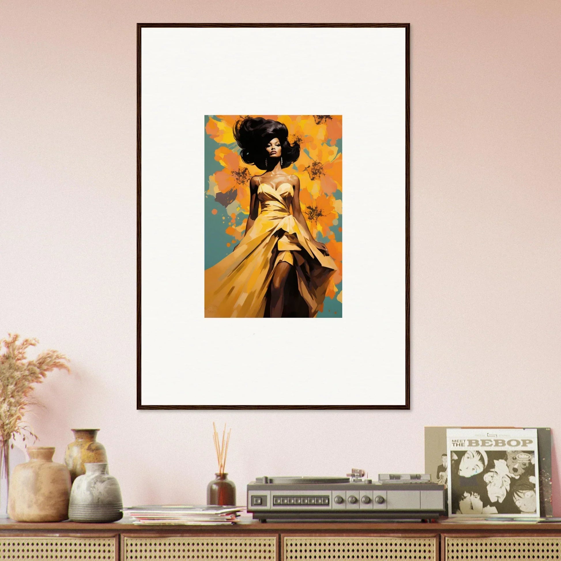 Framed Sunset Radiance Muse artwork of a figure in yellow dress with floral background