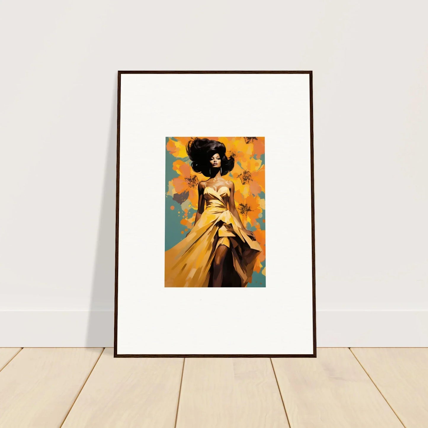 Framed Sunset Radiance Muse art of a figure in a yellow dress on turquoise, natural wood