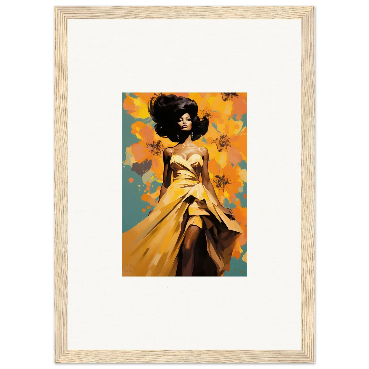 Framed Sunset Radiance Muse artwork of a figure in a yellow dress on natural wood