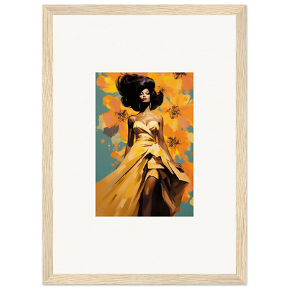 Framed Sunset Radiance Muse artwork of a figure in a yellow dress on natural wood