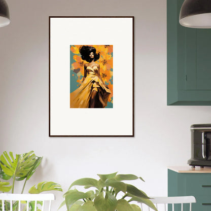 Framed artwork of a figure in a yellow dress with floral elements for Sunset Radiance Muse