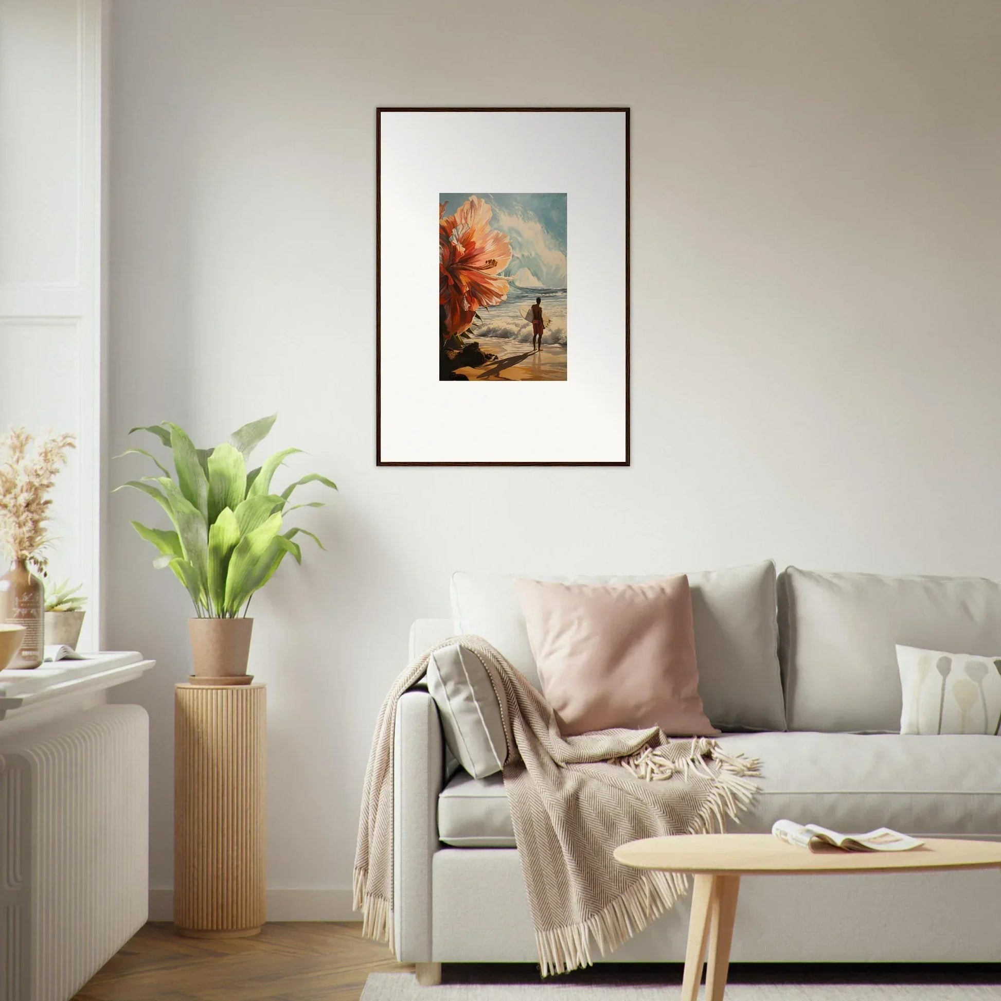 Framed wall art of a person by water and an autumn tree, perfect for room decor