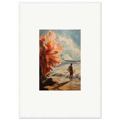 Surreal painting of a giant orange flower and beach scene for Floral Infamy room decor