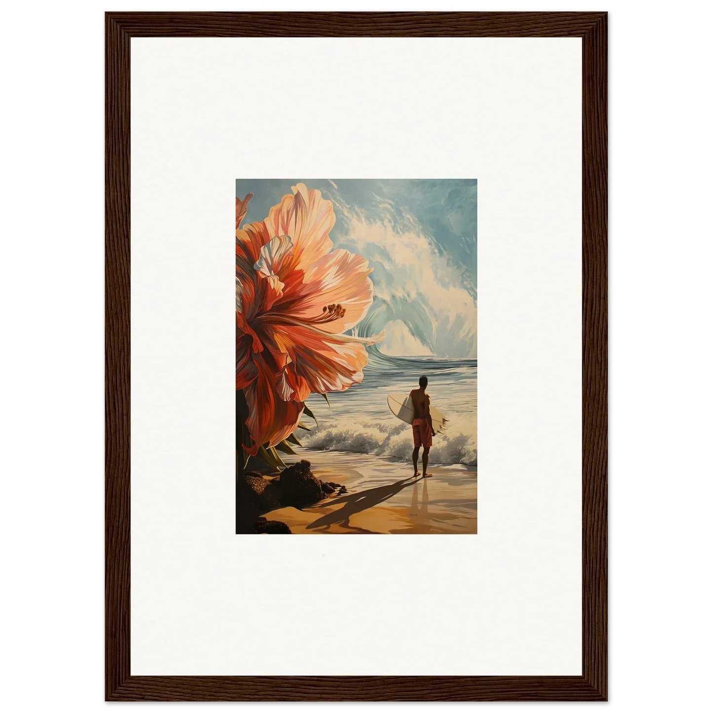 Framed wall art of Surfer’s Floral Infamy featuring a surreal beach scene and oversized flower