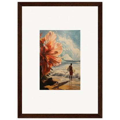 Framed wall art of Surfer’s Floral Infamy featuring a surreal beach scene and oversized flower