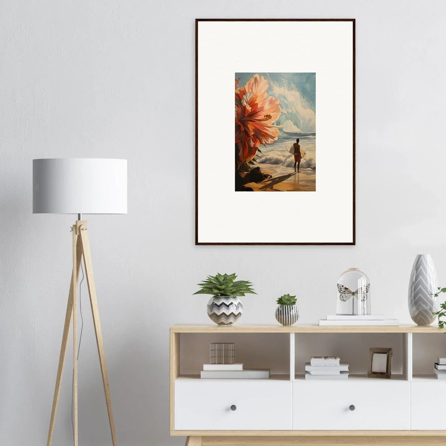 Framed wall art of Surfer’s Floral Infamy featuring a surreal beach and giant flower