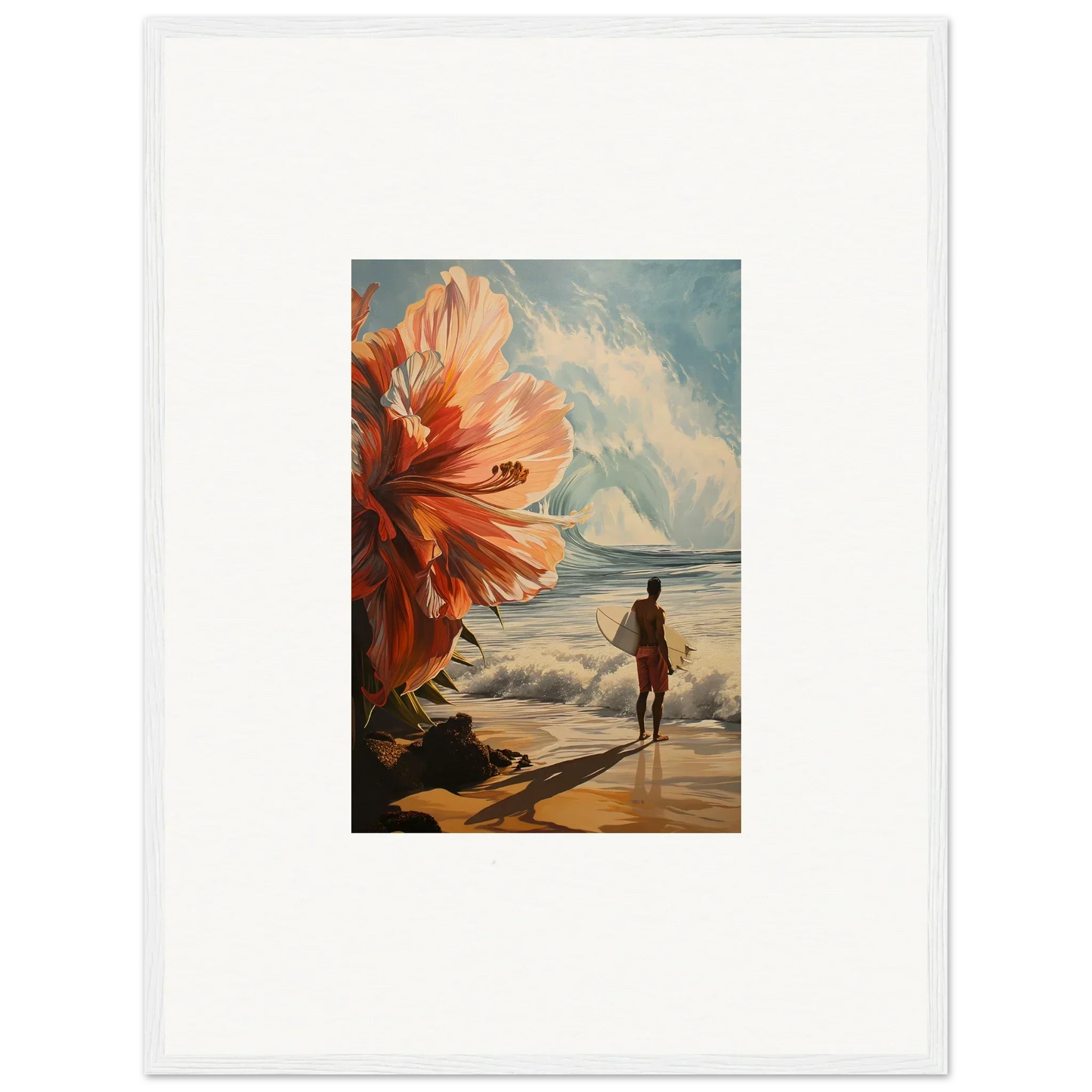 Framed wall art of Surfer’s Floral Infamy with surreal beach and oversized flower