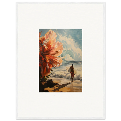 Framed wall art of Surfer’s Floral Infamy with surreal beach and oversized flower