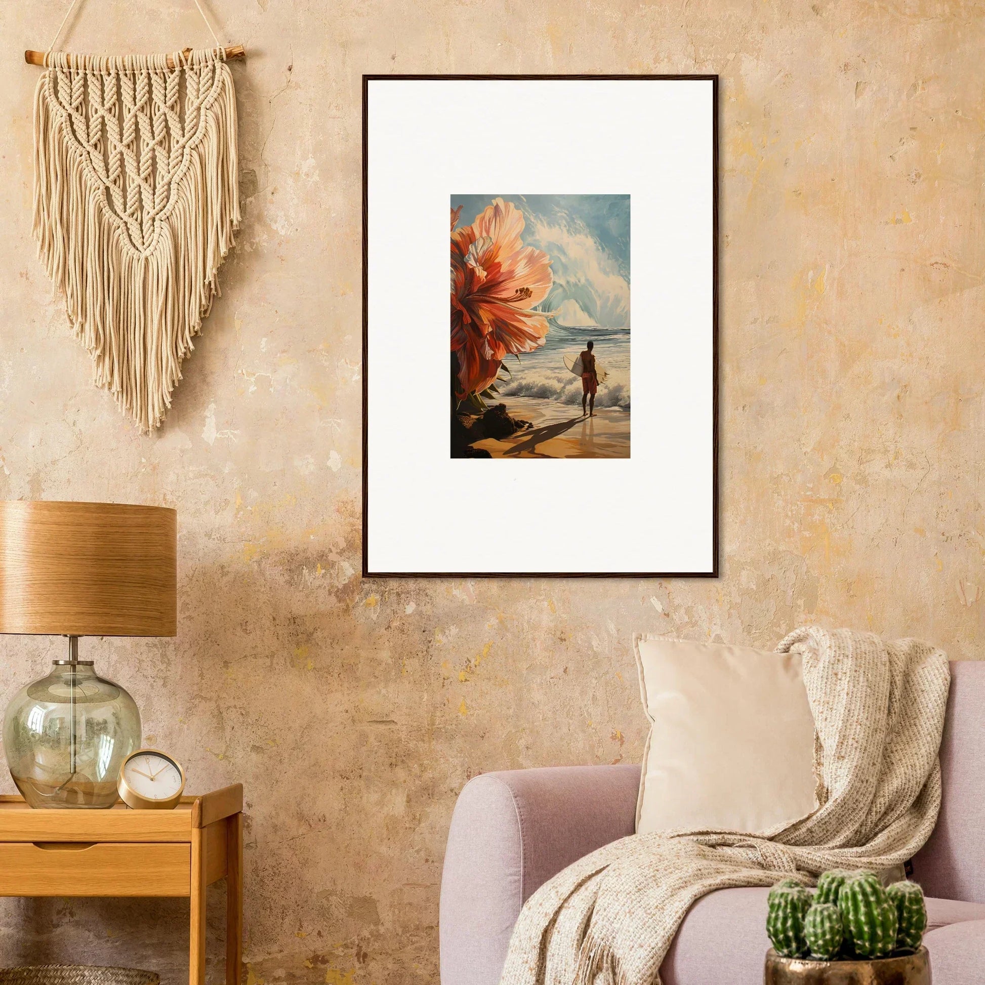 Framed wall art of a person on a beach with a giant flower for stunning room decor