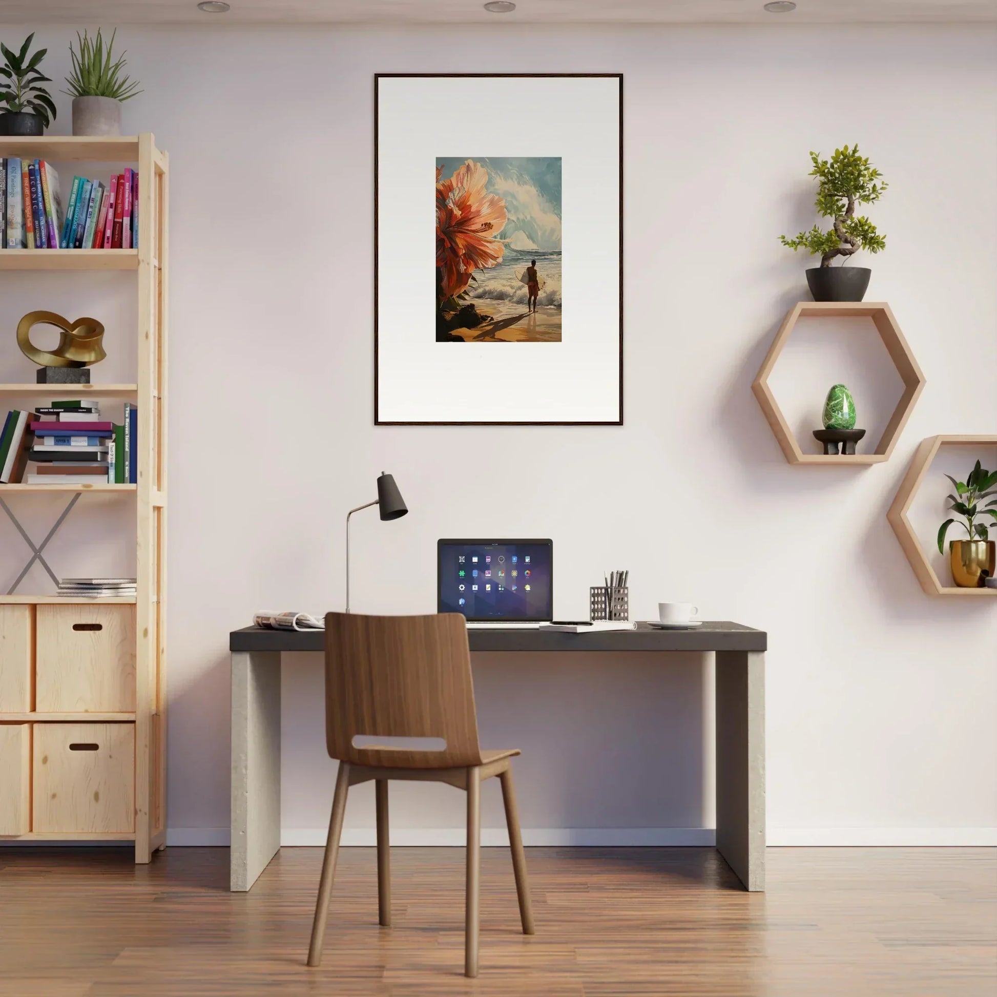 Home office workspace with floral infamy wall art and stylish room decor