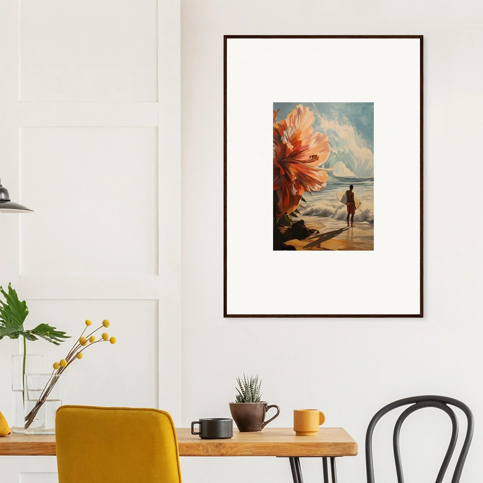 Framed wall art featuring floral infamy in a serene beach scene for room decor