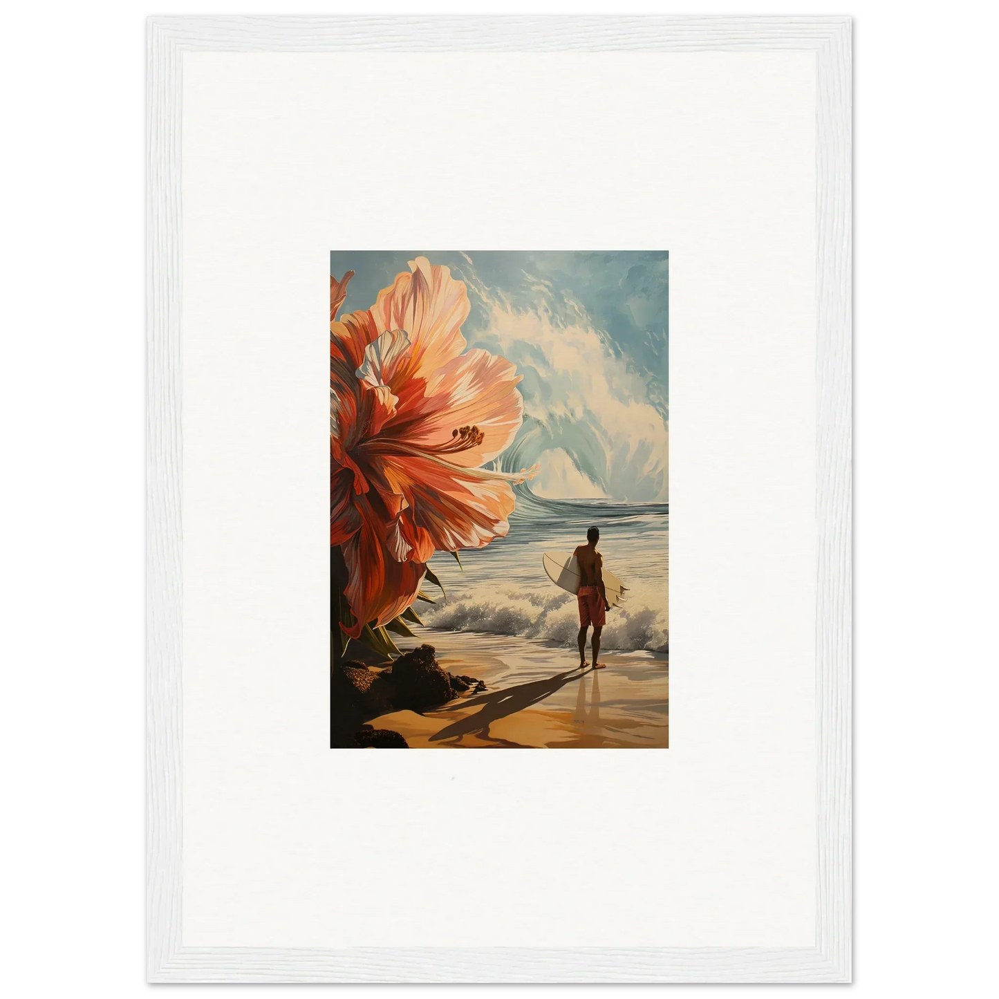 Framed wall art of a beach scene with floral infamy and an orange flower for room decor