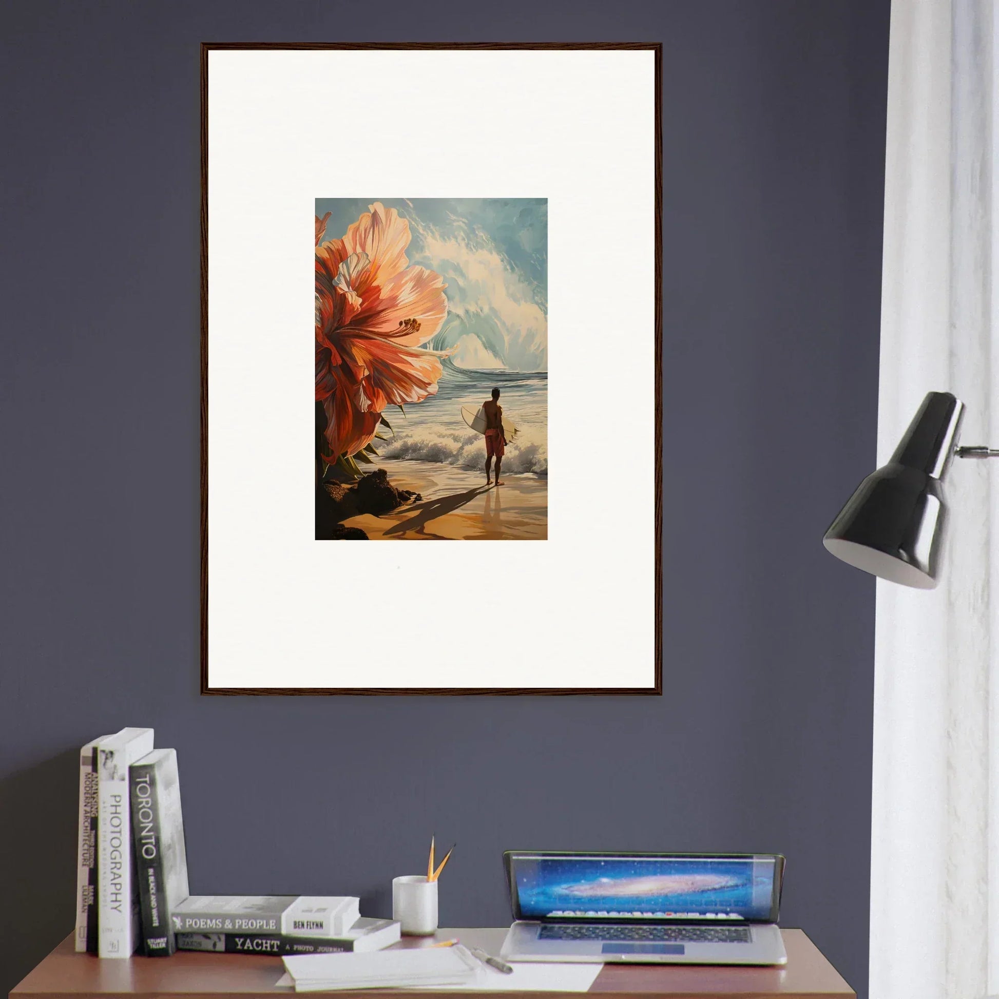 Framed wall art of a beach scene with a flower, perfect floral infamy room decor