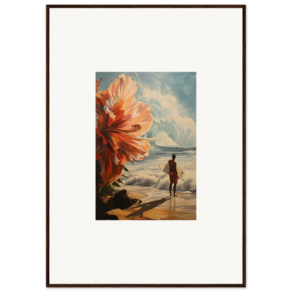 Framed wall art of Surfer’s Floral Infamy with surreal beach, oversized flower, silhouette