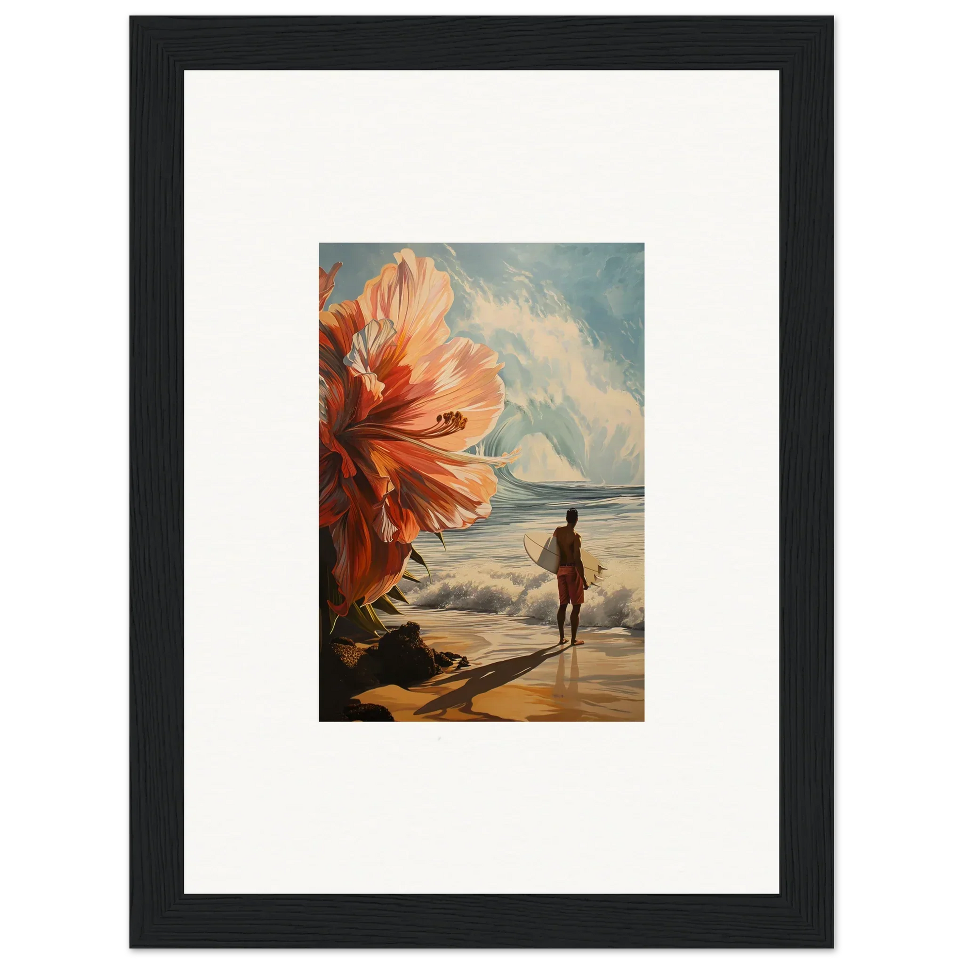 Framed wall art of Surfer’s Floral Infamy in a surreal beach scene for room decor