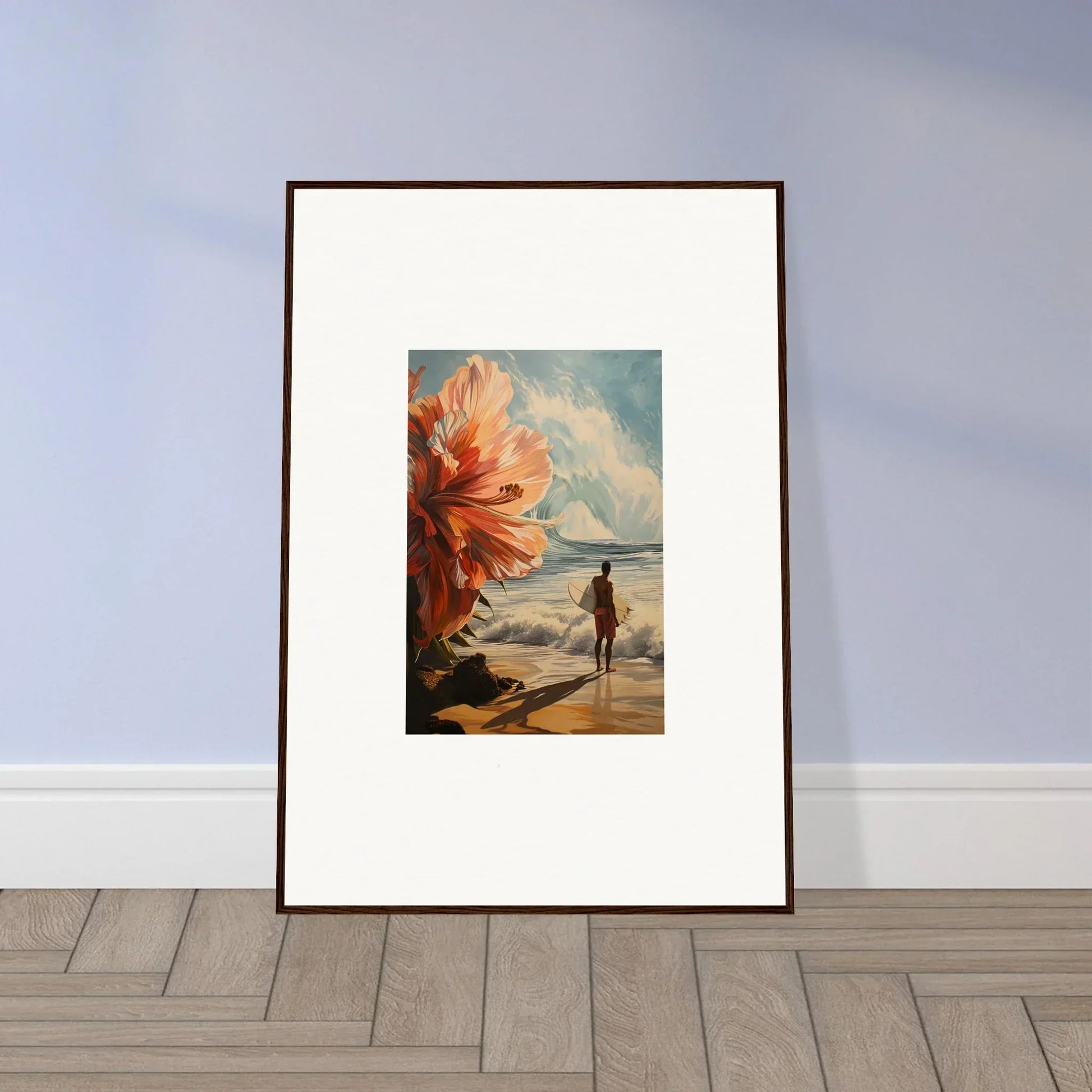 Framed wall art of a beach scene with floral infamy and a figure, perfect for room decor