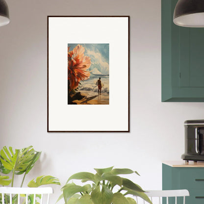 Framed wall art of Floral Infamy with a person on a beach and giant flower sky