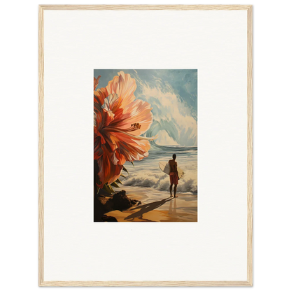 Framed wall art of Surfer’s Floral Infamy featuring a surreal beach scene with flowers