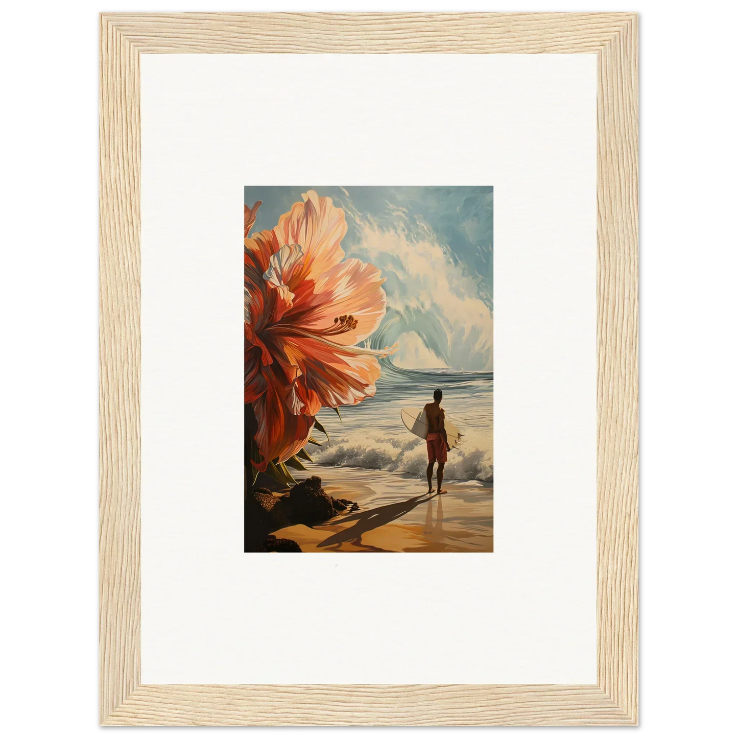 Framed wall art of a beach scene with a large orange flower for stunning room decor