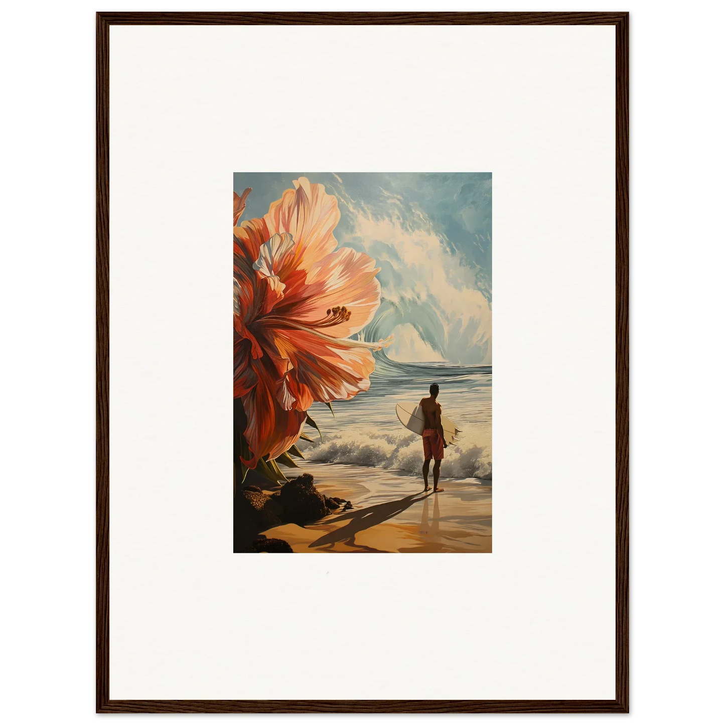 Framed wall art of Surfer’s Floral Infamy featuring a surreal beach scene and oversized flower