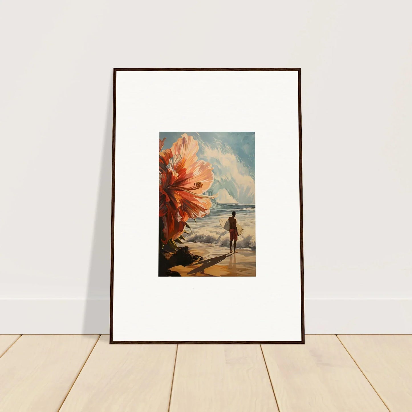 Framed wall art of a beach scene with floral infamy for stylish room decor